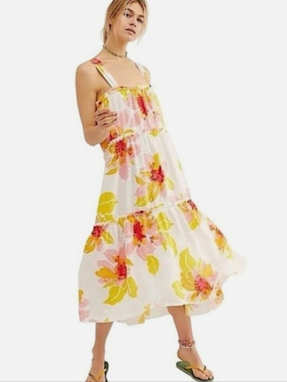 Free People Moonshine Floral Tiered Midi Dress White Pink Yellow Oversized S - Picture 5 of 7